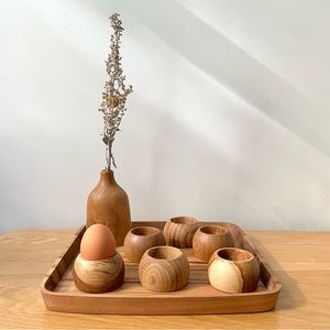 Designer Teak Wood Serving Tray, Flower Vase, and Egg Holders